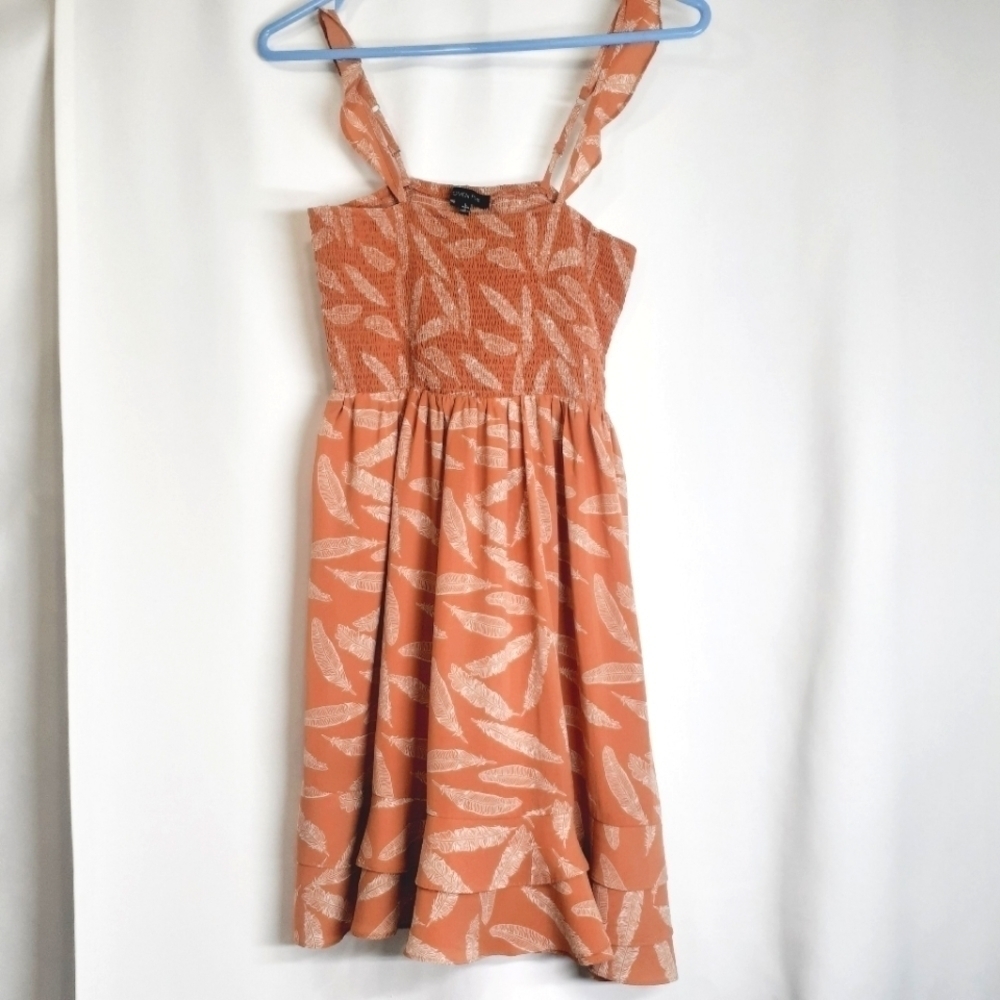 Woven Pink Dress Orange white feathers Shorts flutter straps‎ ruffles smocked L